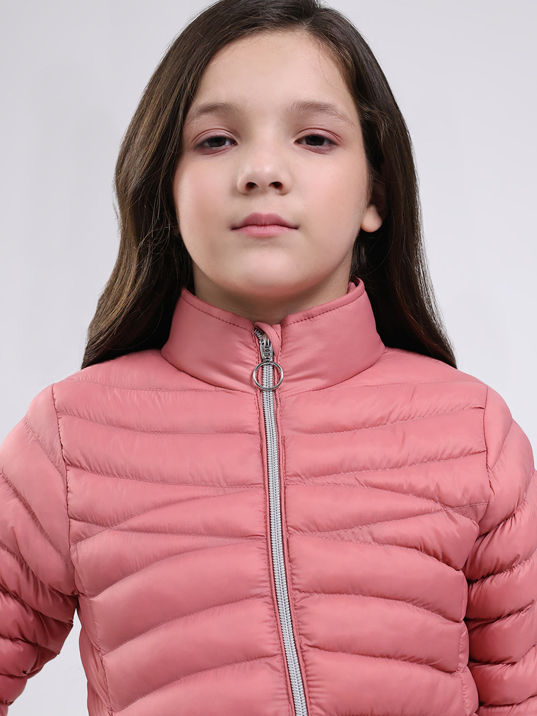 Girls Peach Solid Mock Neck Full Sleeve Jacket