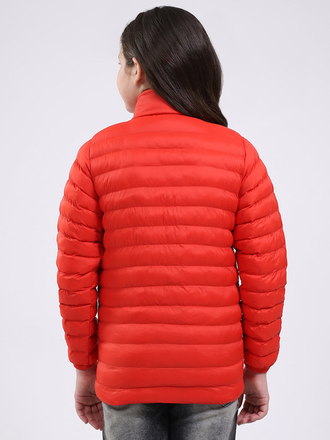 Girls Red Solid Mock Neck Full Sleeve Jacket