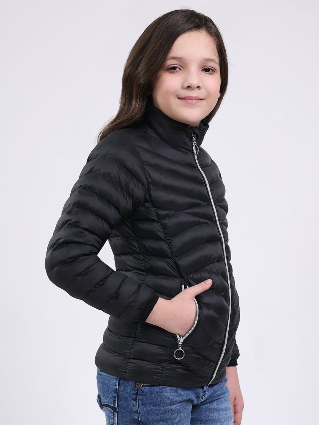 Girls Black Solid Mock Neck Full Sleeve Jacket