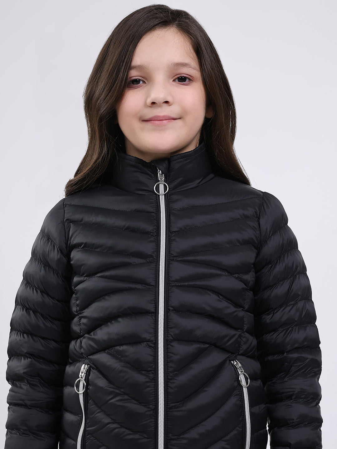 Girls Black Solid Mock Neck Full Sleeve Jacket