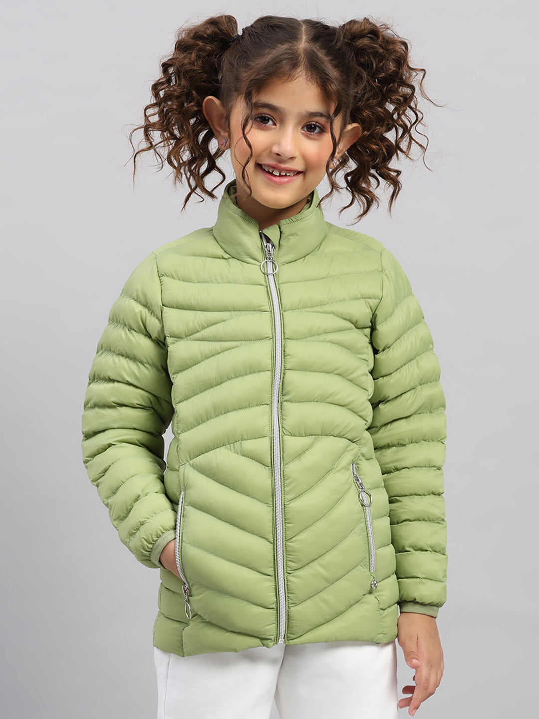 Girls Green Solid Collar Full Sleeve Jacket