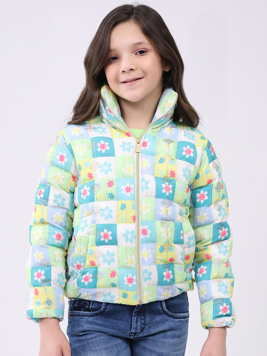 Girls Green Printed Collar Full Sleeve Jacket