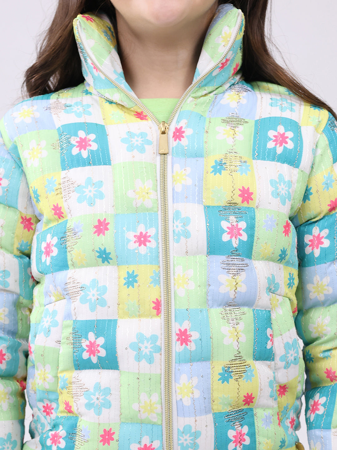 Girls Green Printed Collar Full Sleeve Jacket