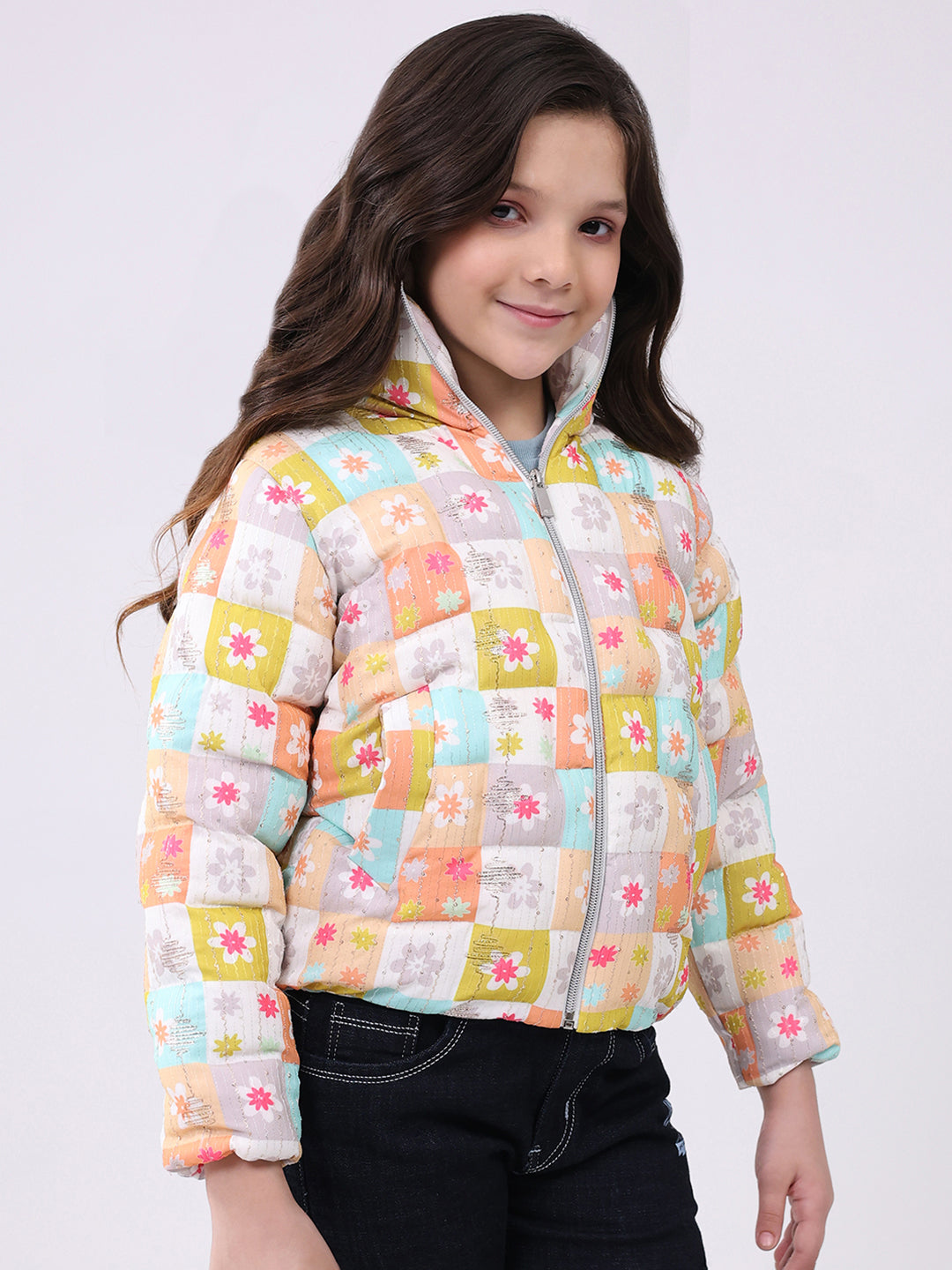 Girls Peach Printed Collar Full Sleeve Jacket