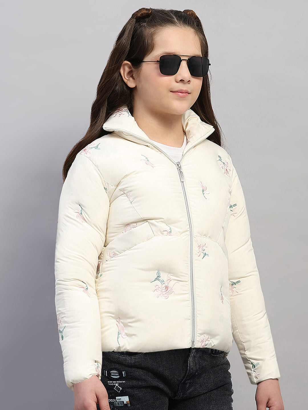 Girls Off White Embroidered Collar Full Sleeve Jacket