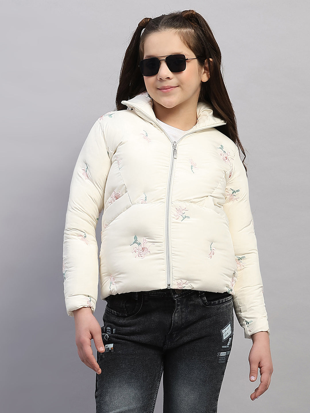 Girls Off White Embroidered Collar Full Sleeve Jacket