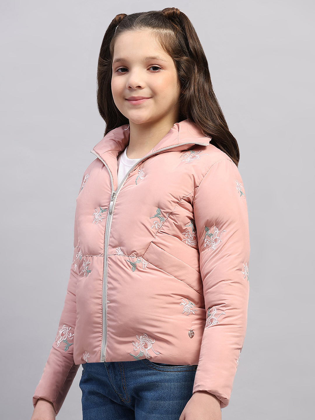 Girls Peach Embroidered Collar Full Sleeve Jacket