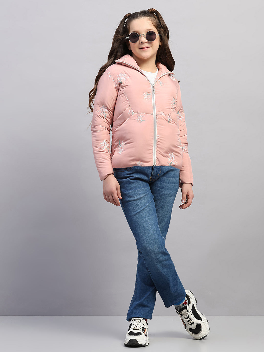 Girls Peach Embroidered Collar Full Sleeve Jacket
