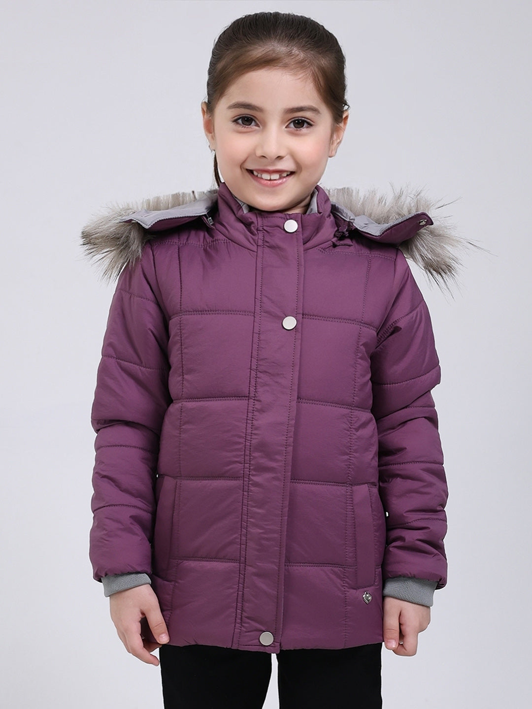 Girls Purple Solid Hooded Full Sleeve Jacket