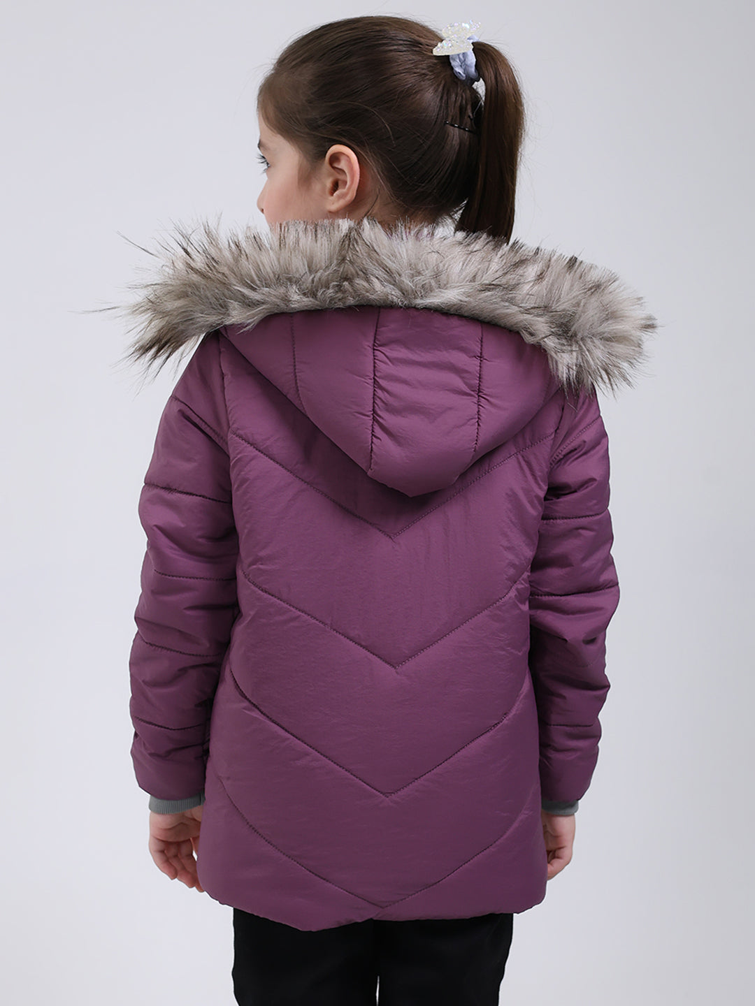 Girls Purple Solid Hooded Full Sleeve Jacket