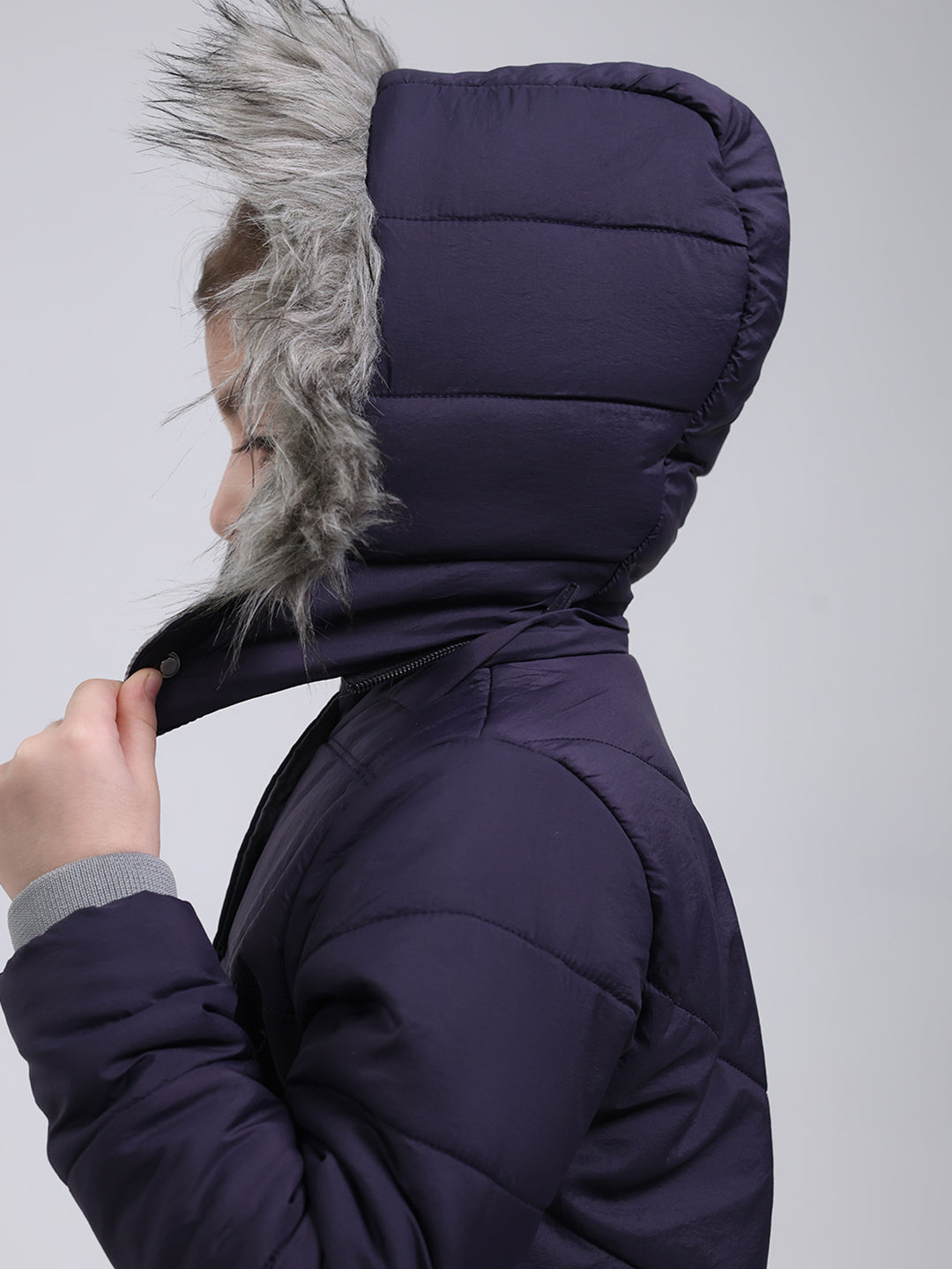 Girls Purple Solid Hooded Full Sleeve Jacket