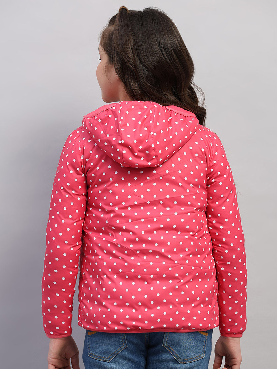 Girls Pink Solid Hooded Full Sleeve Reversible Jacket