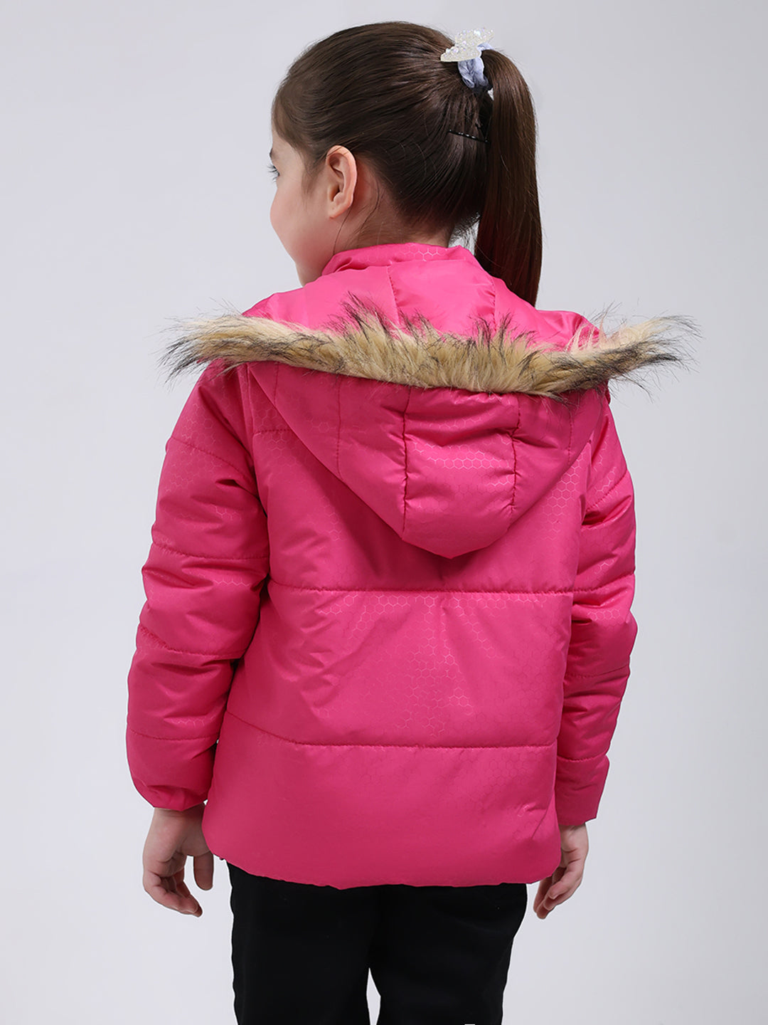 Girls Pink Printed Hooded Full Sleeve Jacket