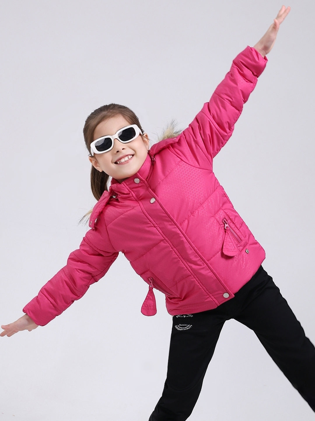 Girls Pink Printed Hooded Full Sleeve Jacket