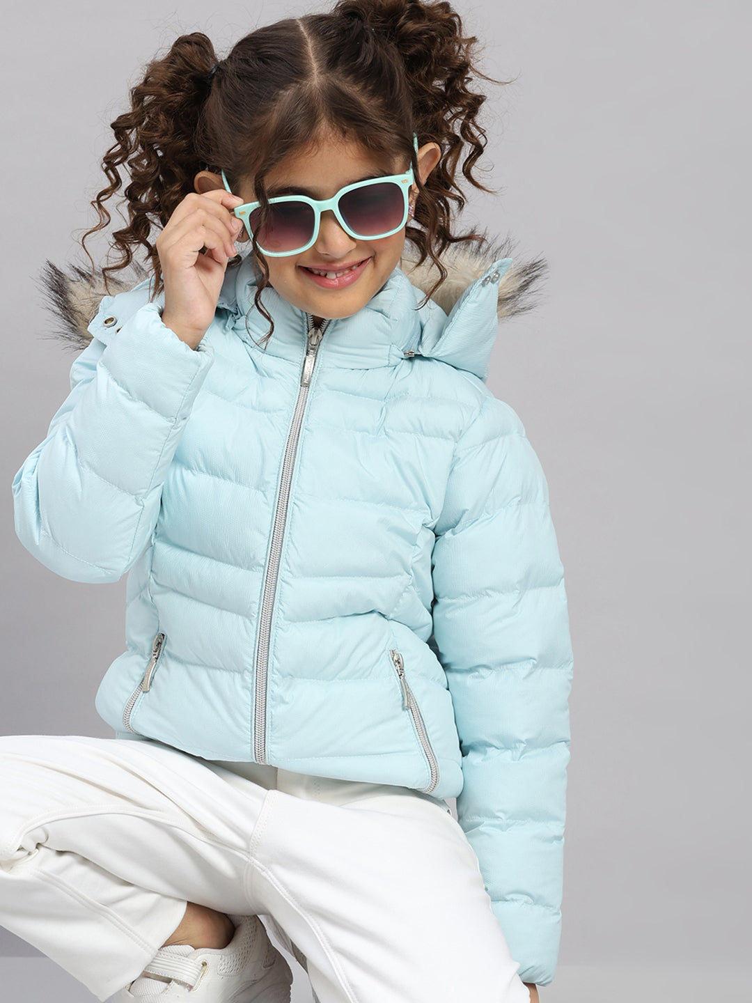 Girls Sky Blue Self Design Hooded Full Sleeve Jacket