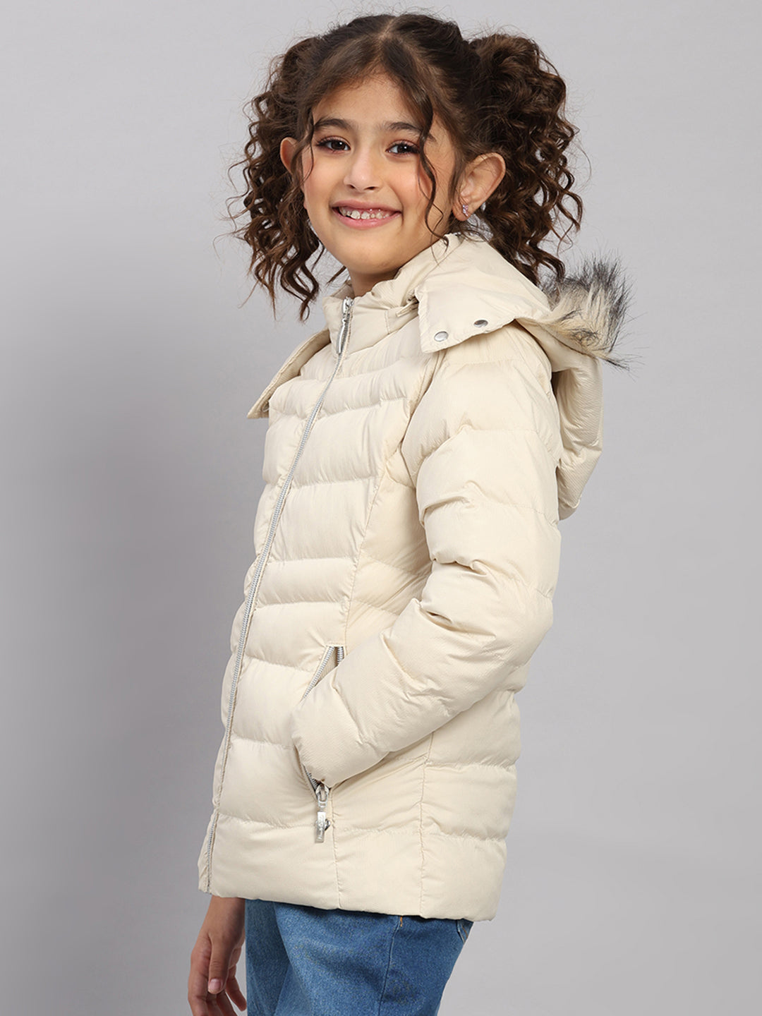 Girls Beige Self Design Hooded Full Sleeve Jacket