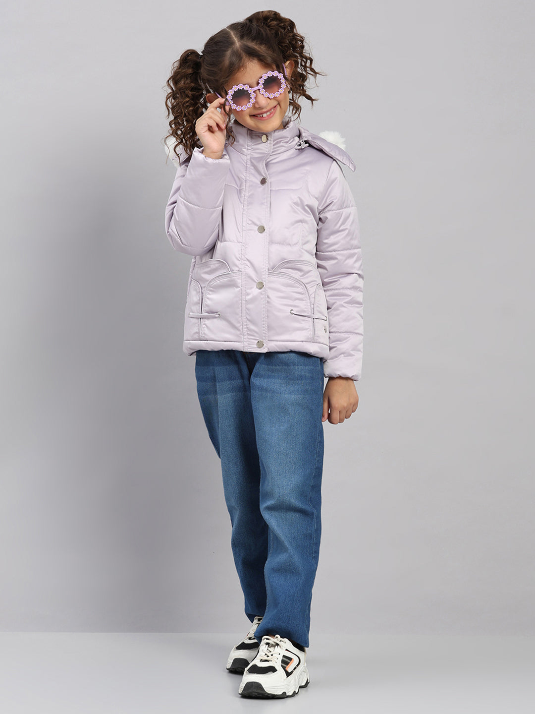 Girls Purple Solid Hooded Full Sleeve Jacket