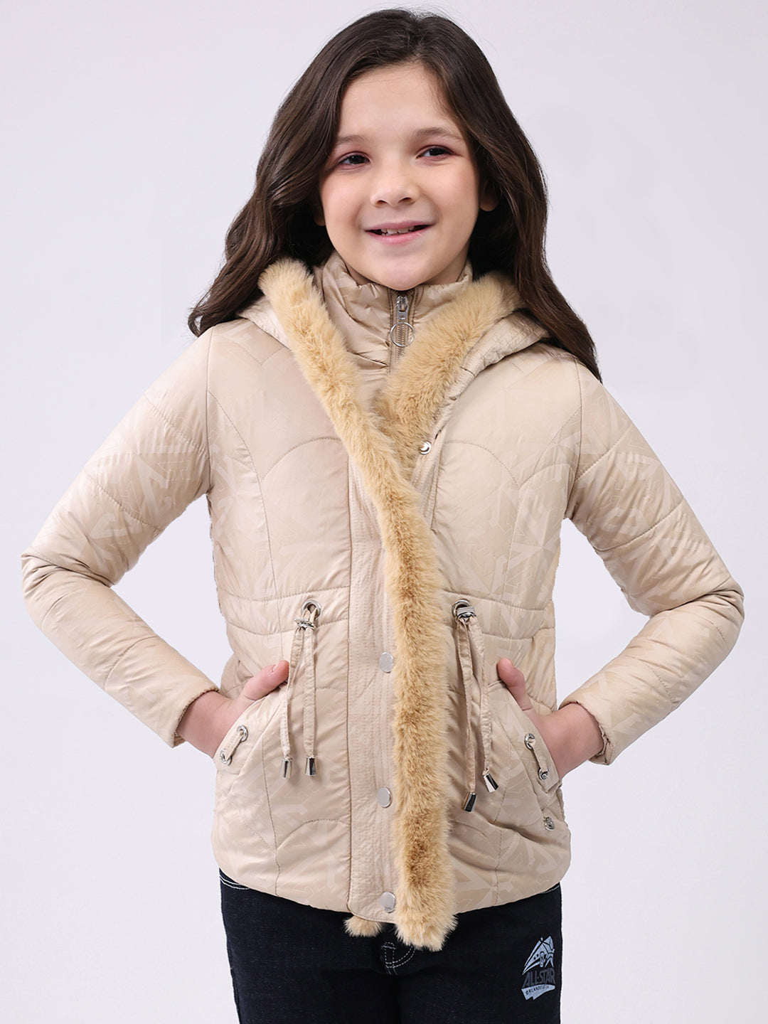Girls Beige Solid Hooded Full Sleeve Jacket
