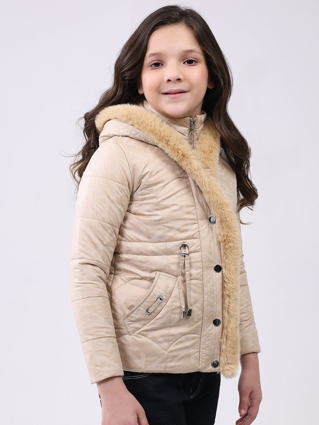 Girls Beige Solid Hooded Full Sleeve Jacket