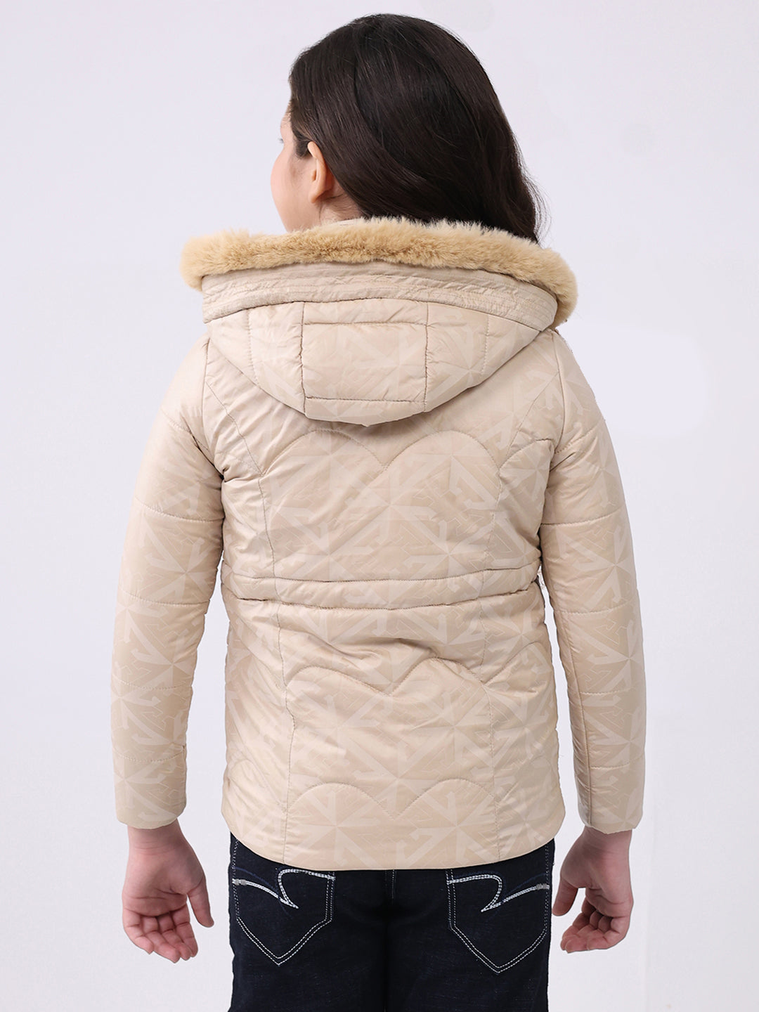 Girls Beige Solid Hooded Full Sleeve Jacket
