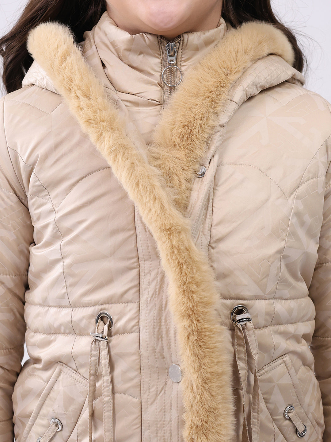 Girls Beige Solid Hooded Full Sleeve Jacket