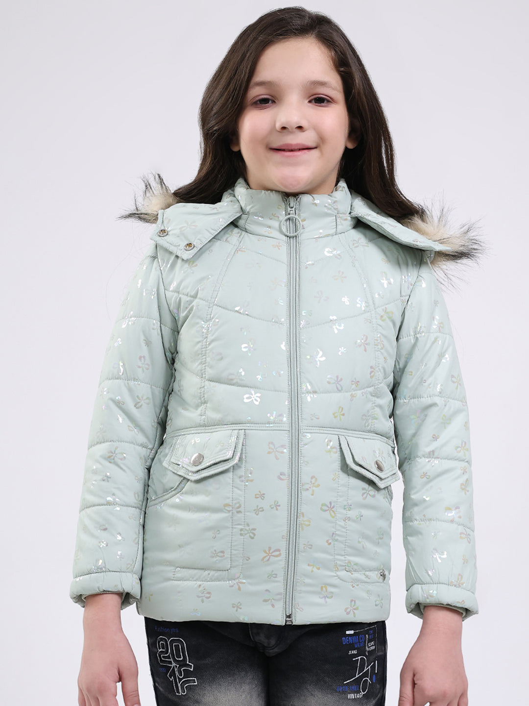 Girls Green Printed Hooded Full Sleeve Jacket