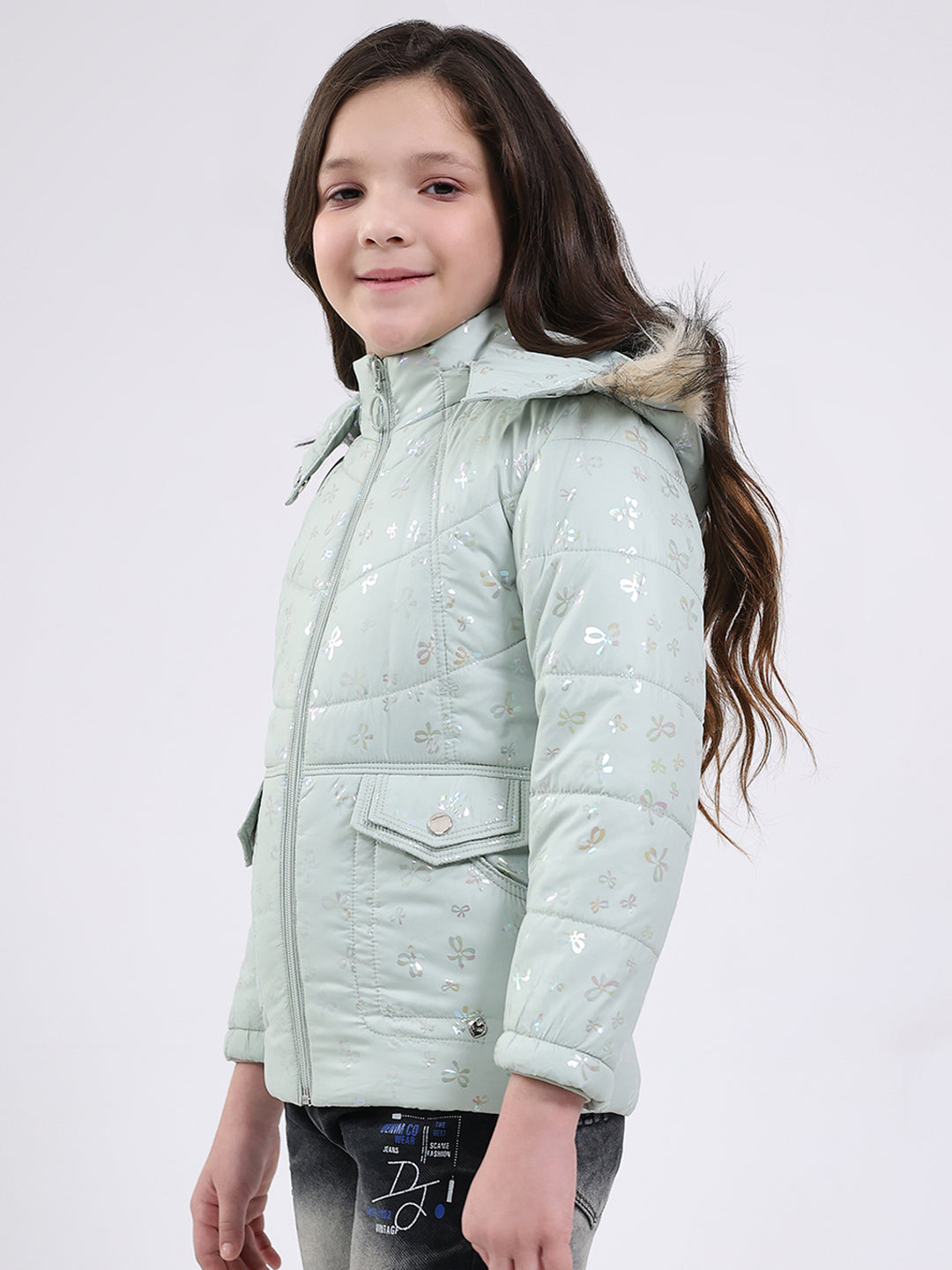 Girls Green Printed Hooded Full Sleeve Jacket
