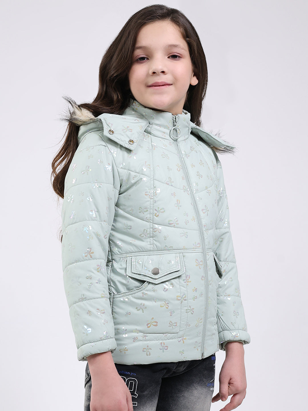 Girls Green Printed Hooded Full Sleeve Jacket