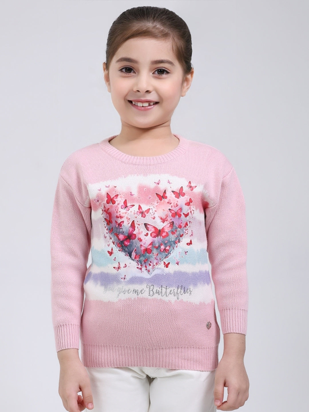 Girls Pink Printed Round Neck Full Sleeve Pullover