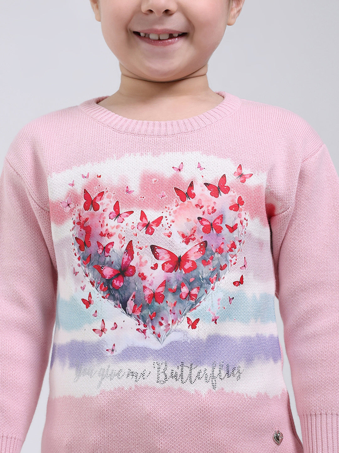 Girls Pink Printed Round Neck Full Sleeve Pullover