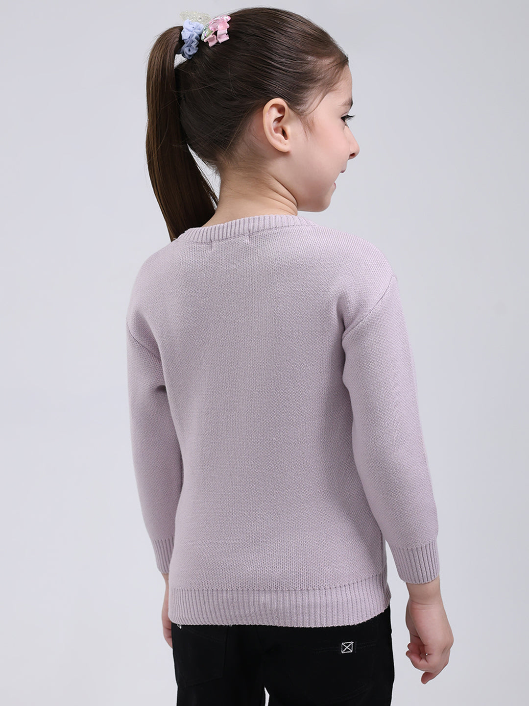 Girls Purple Printed Round Neck Full Sleeve Pullover