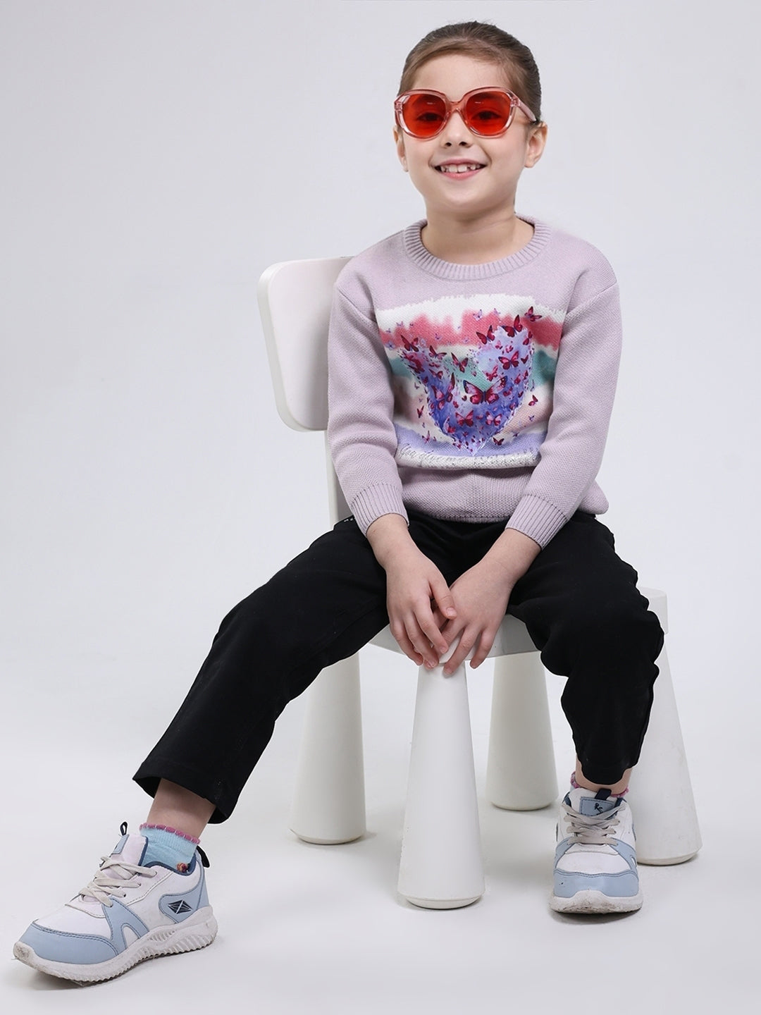 Girls Purple Printed Round Neck Full Sleeve Pullover