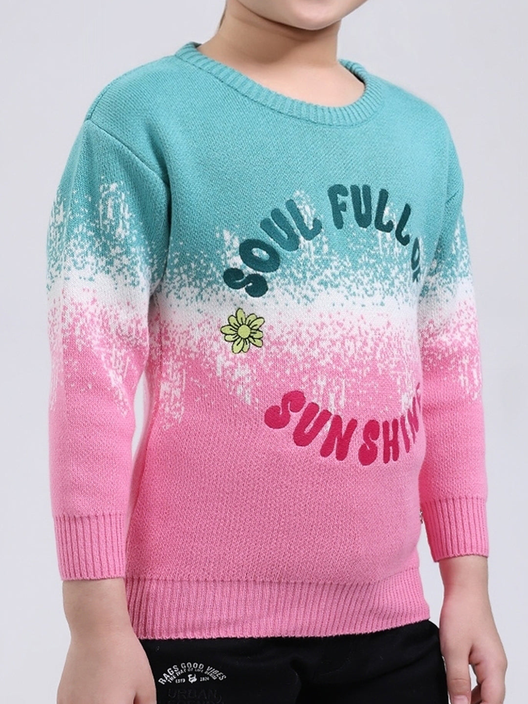 Girls Green Embroidered Round Neck Full Sleeve Pullover