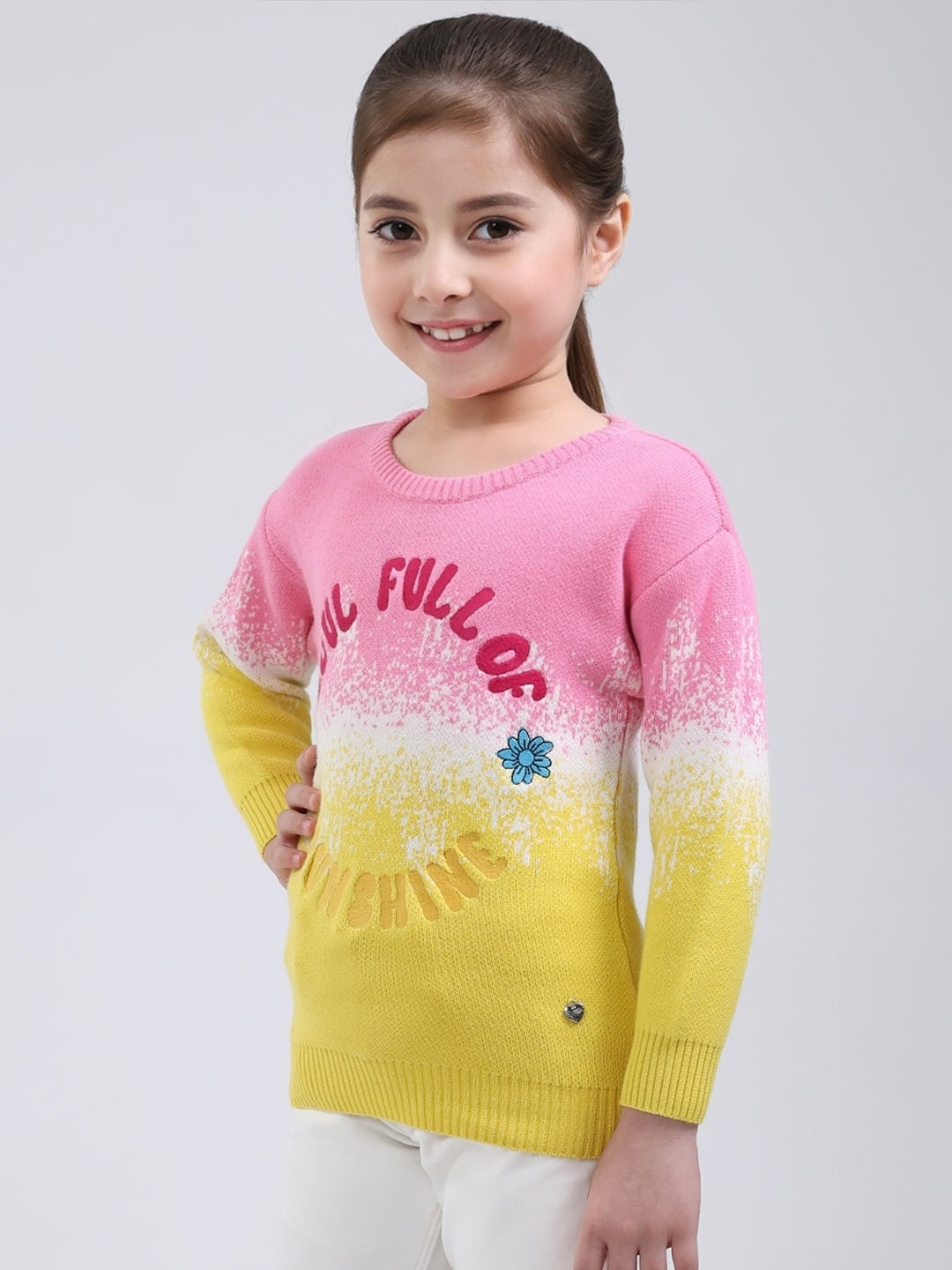 Girls Pink Embroidered Round Neck Full Sleeve Pullover