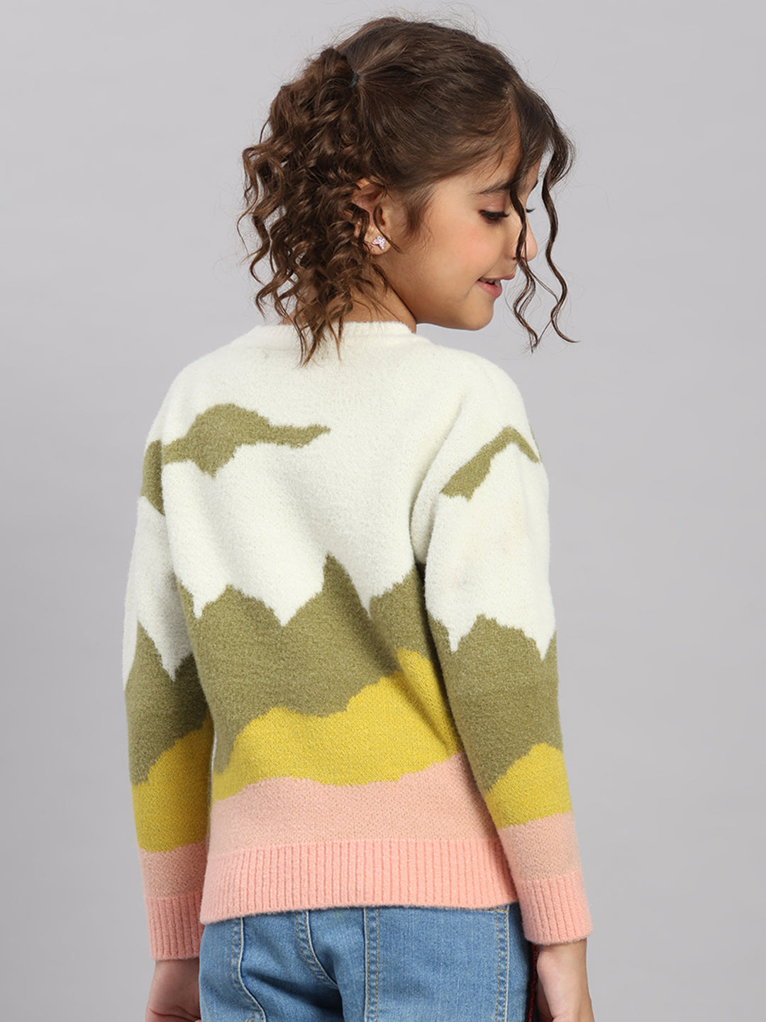 Girls Off White Embroidered Round Neck Full Sleeve Pullover