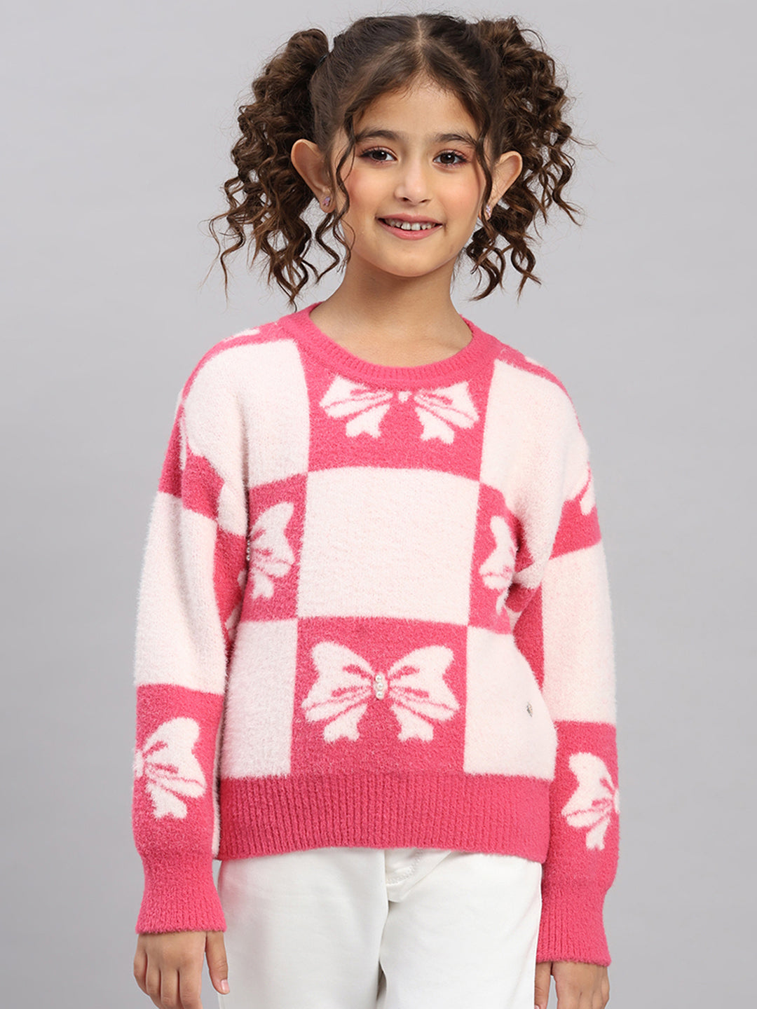 Girls Pink Embroidered Round Neck Full Sleeve Pullover