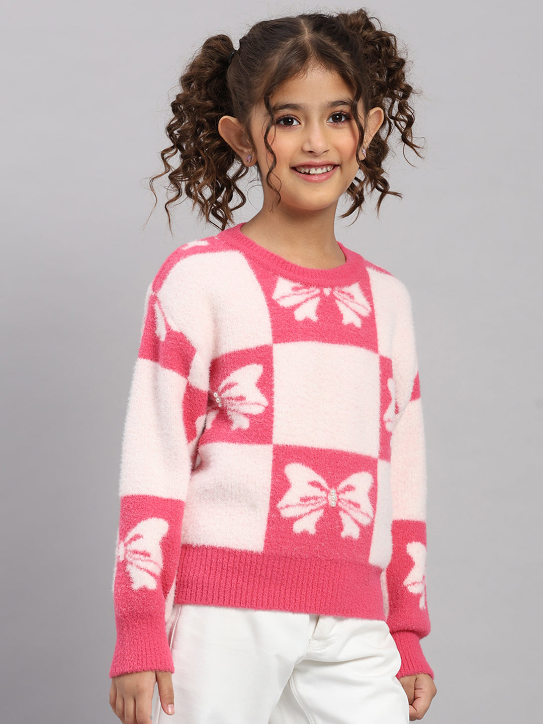Girls Pink Embroidered Round Neck Full Sleeve Pullover