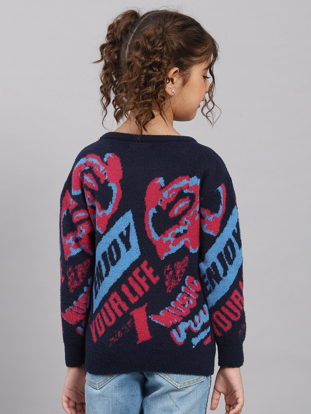 Girls Navy Blue Self Design Round Neck Full Sleeve Pullover