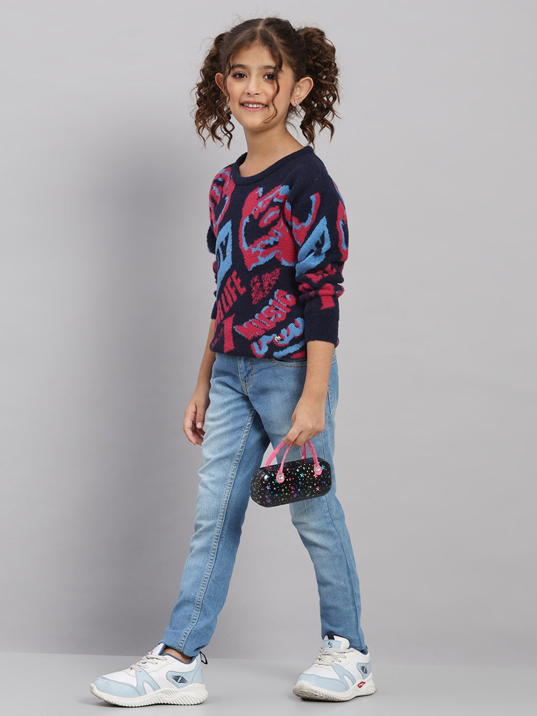 Girls Navy Blue Self Design Round Neck Full Sleeve Pullover