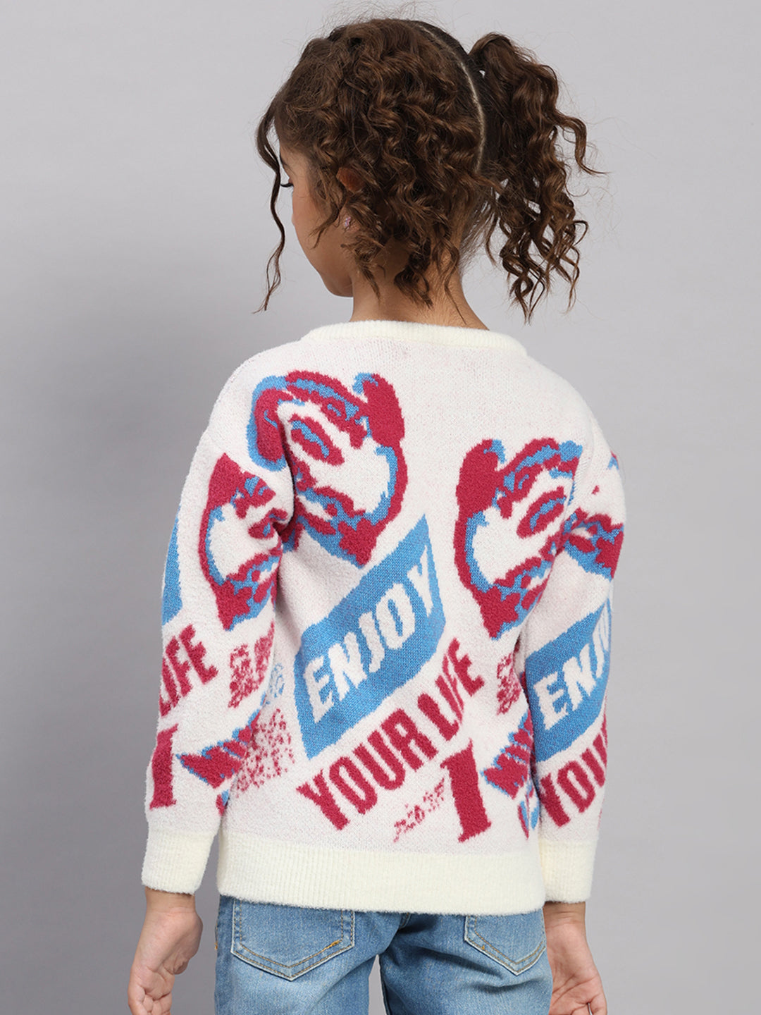 Girls Off White Self Design Round Neck Full Sleeve Pullover