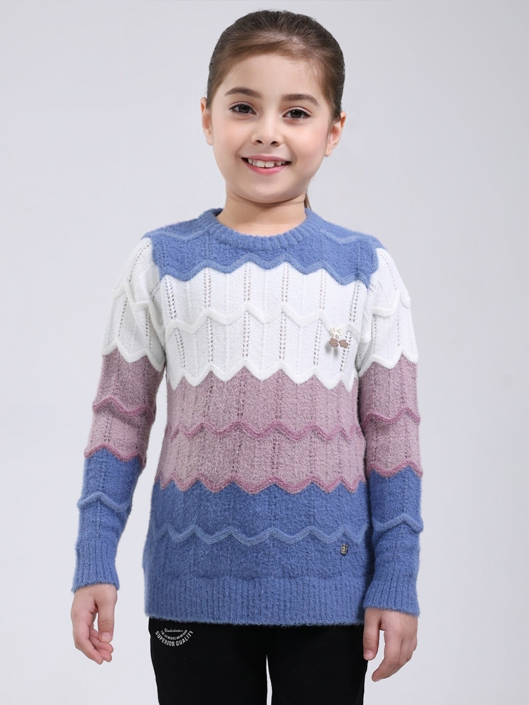 Girls Blue Stripe Round Neck Full Sleeve Pullover