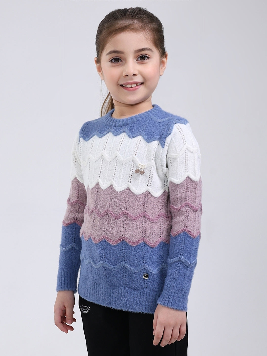 Girls Blue Stripe Round Neck Full Sleeve Pullover