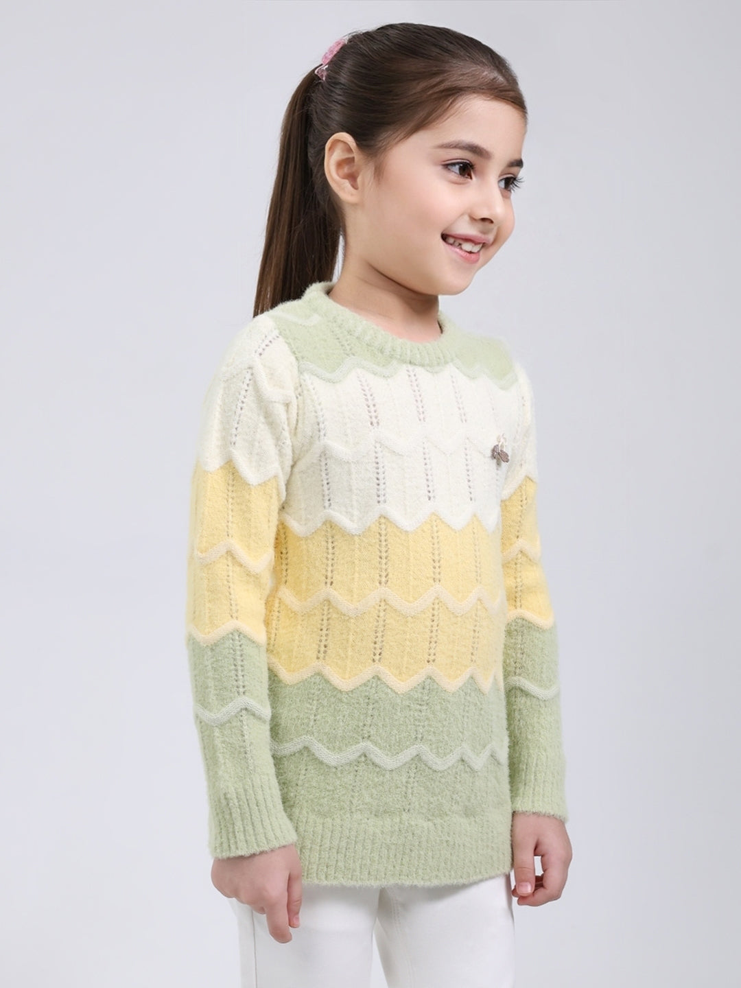 Girls Green Stripe Round Neck Full Sleeve Pullover