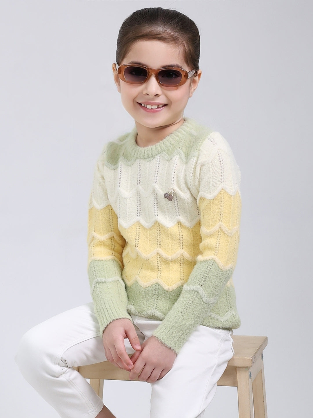 Girls Green Stripe Round Neck Full Sleeve Pullover