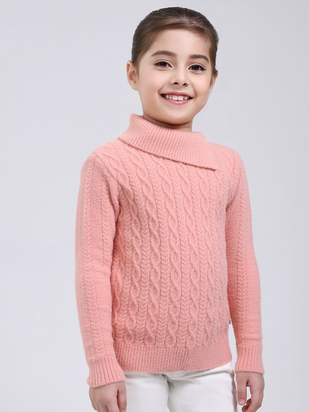 Girls Pink Self Design Round Neck Full Sleeve Pullover