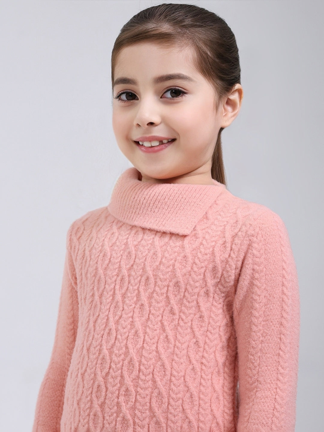 Girls Pink Self Design Round Neck Full Sleeve Pullover