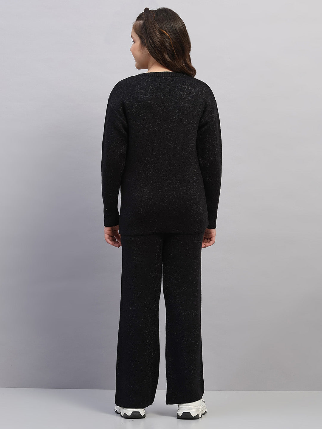 Girls Black Embroidered Round Neck Full Sleeve Cords Set