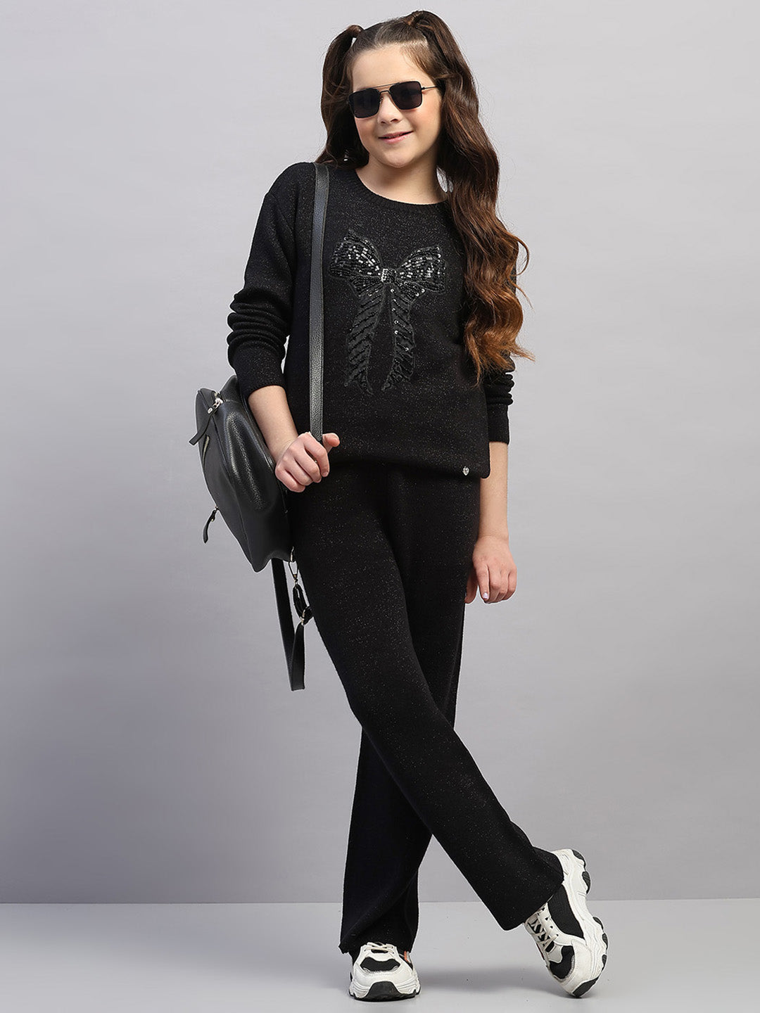 Girls Black Embroidered Round Neck Full Sleeve Cords Set