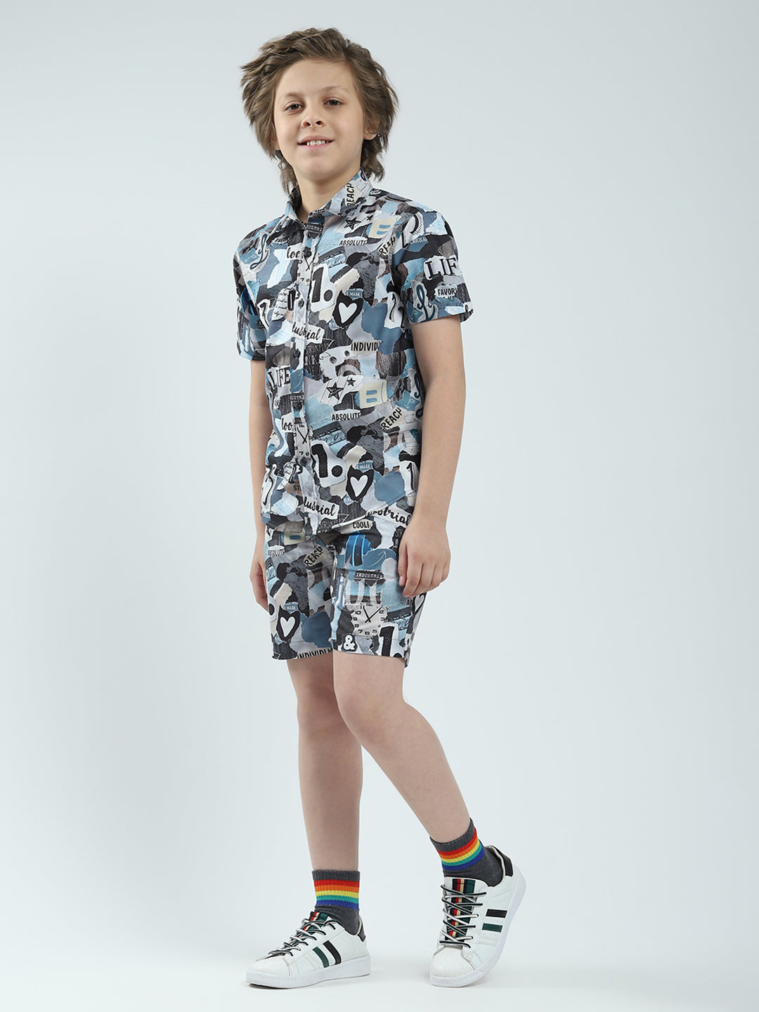 Boys Blue Printed Collar Half Sleeve Bermuda Set