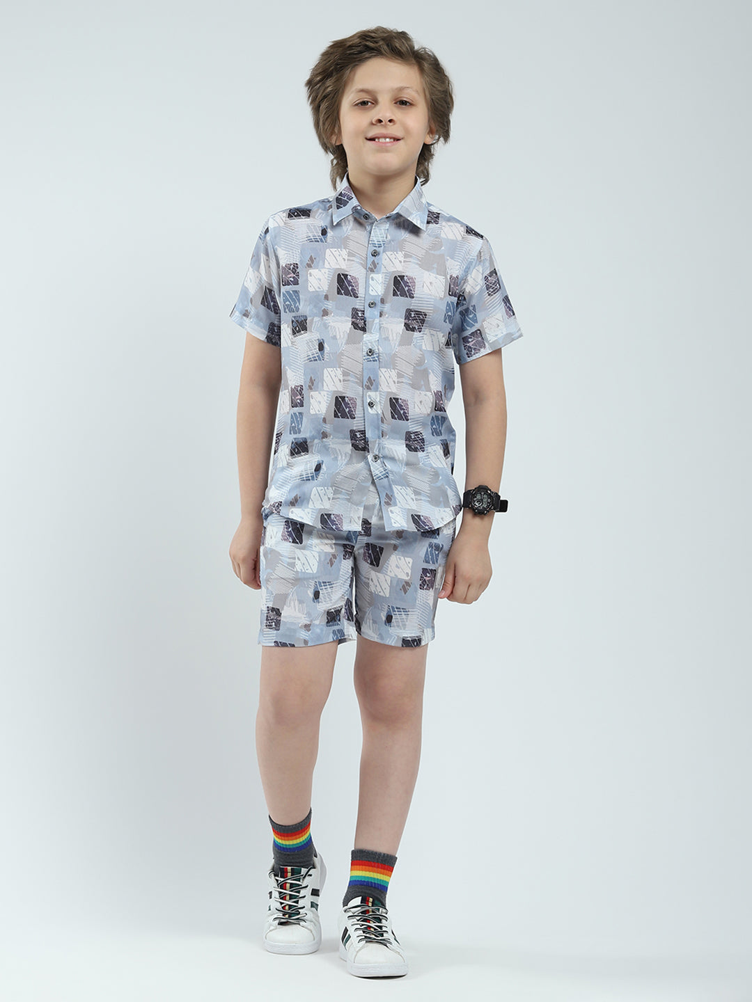 Boys Blue Printed Collar Half Sleeve Bermuda Set